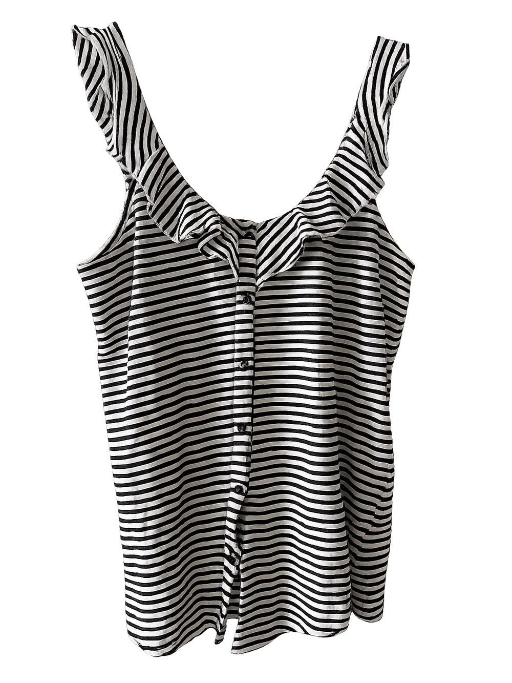 Peace Love Black & White Striped Ruffle Button-Front Tank Top size S French - Studio Edition