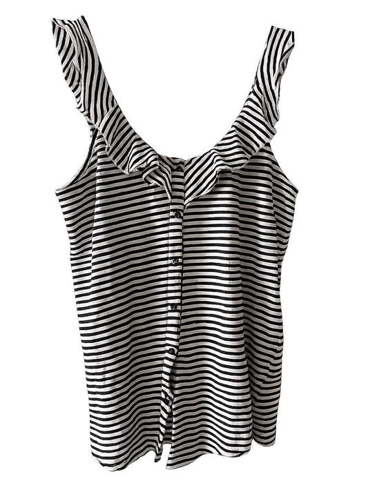 Peace Love Black & White Striped Ruffle Button-Front Tank Top size S French - Studio Edition