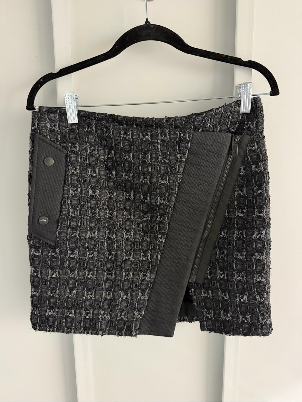 Rag & Bone Black Virgin Wool Tweed Asymmetric Zip Wrap Mini Skirt 2 - Studio Edition