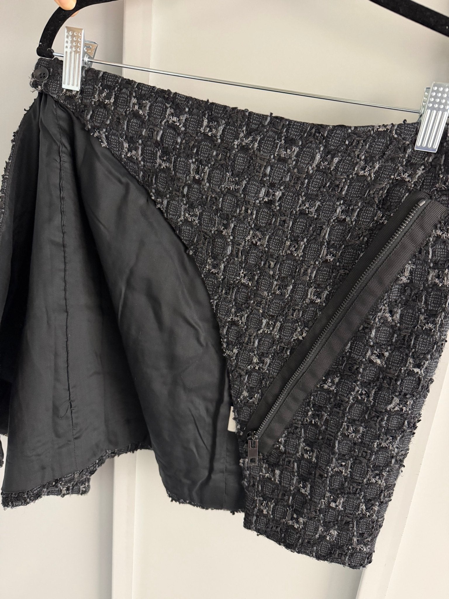 Rag & Bone Black Virgin Wool Tweed Asymmetric Zip Wrap Mini Skirt Size 2 - Studio Edition