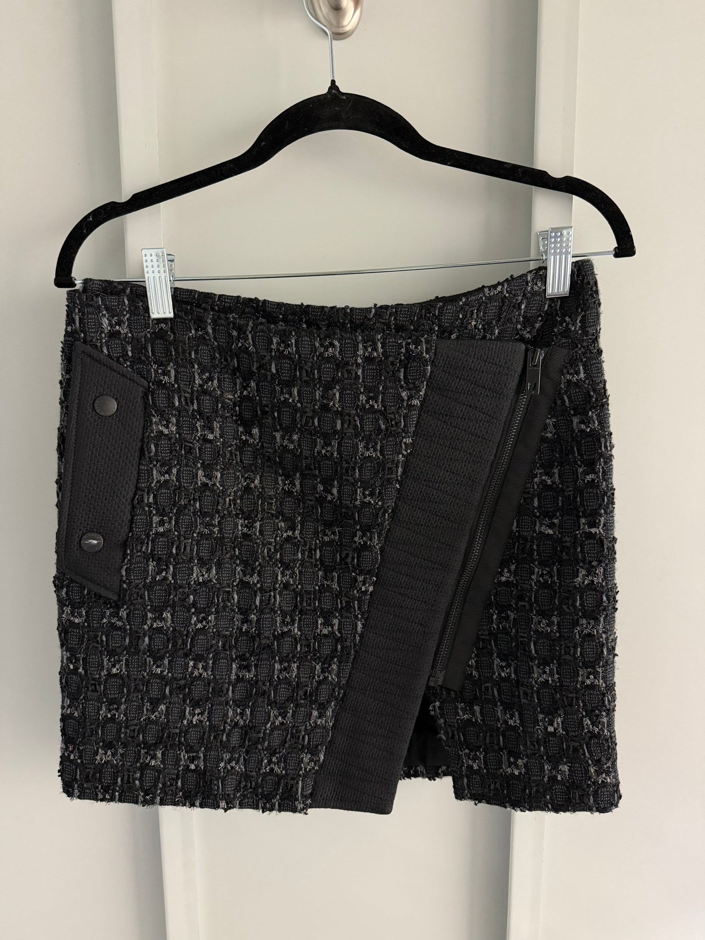 Rag & Bone Black Virgin Wool Tweed Asymmetric Zip Wrap Mini Skirt Size 2 - Studio Edition