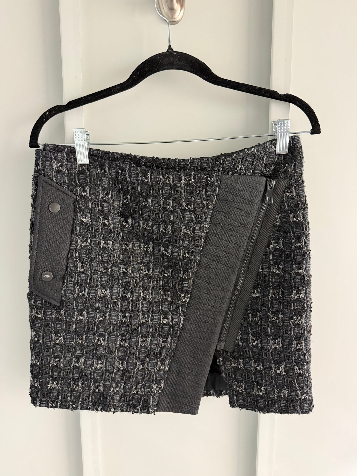 Rag & Bone Black Virgin Wool Tweed Asymmetric Zip Wrap Mini Skirt Size 2 - Studio Edition