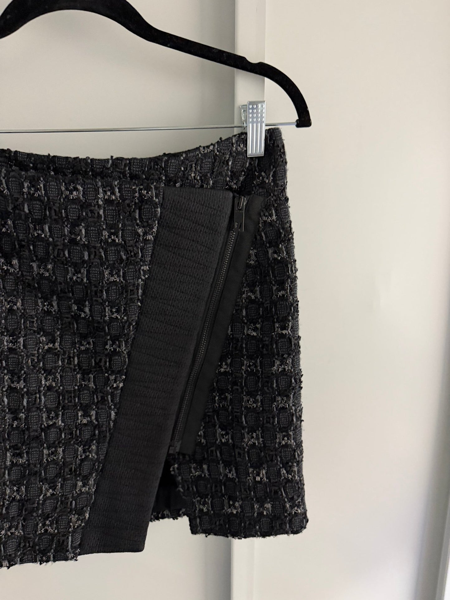 Rag & Bone Black Virgin Wool Tweed Asymmetric Zip Wrap Mini Skirt Size 2 - Studio Edition