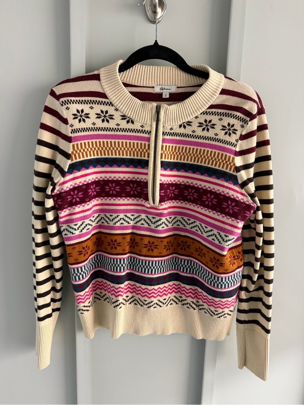 Reitmans Fair Isle Pattern Zip-Neck Sweater - Size Medium - Studio Edition