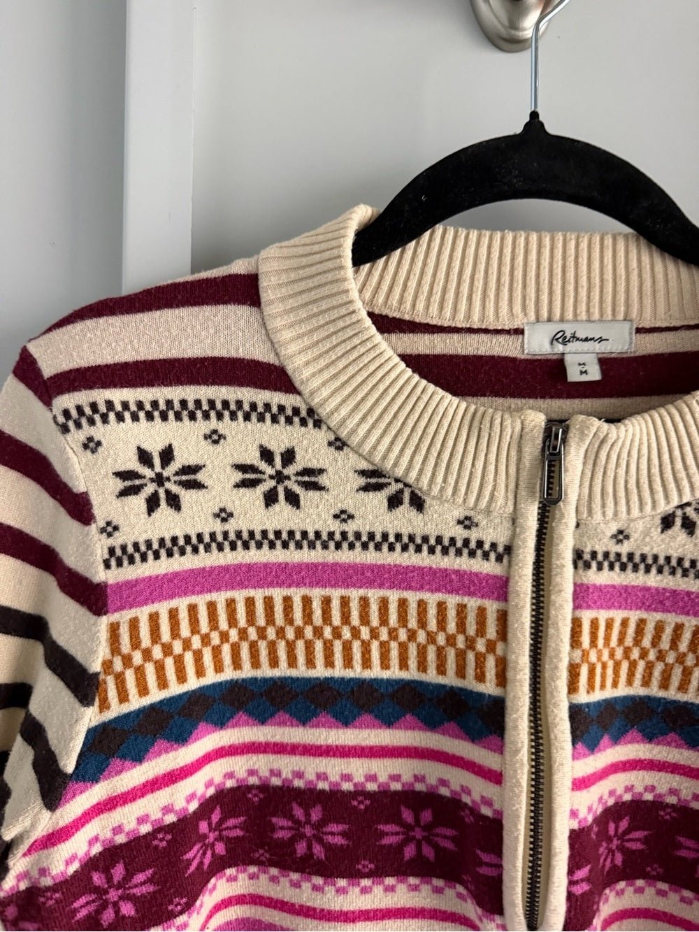 Reitmans Fair Isle Pattern Zip-Neck Sweater - Size Medium - Studio Edition