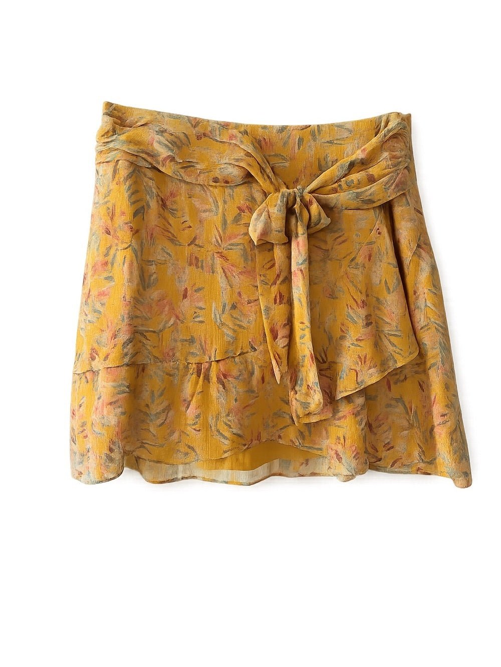 Sezane Silk Metallic Floral Mini Skirt Yellow Tie Front size FR 40/ US 6-8 - Studio Edition