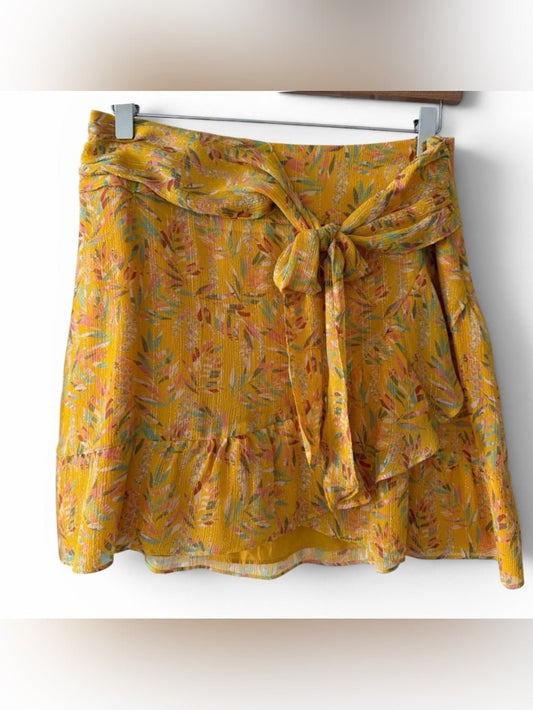 Sezane Silk Metallic Floral Mini Skirt Yellow Tie Front size FR 40/ US 6-8 - Studio Edition