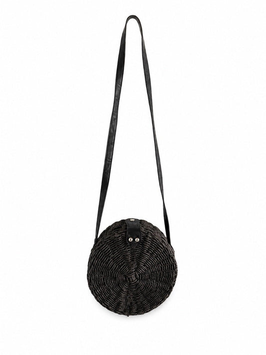 Vintage Black Round Woven Raffia Crossbody Bag - Studio Edition