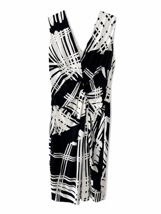 Vintage Escada Black & White Graphic Twist-Front Midi Dress - Size 40 - Studio Edition