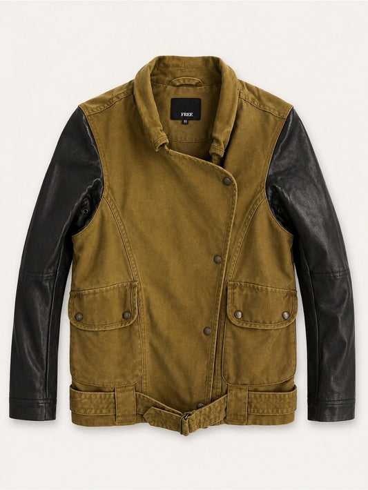 Wilfred Free Aritzia Olive Green Linen Cotton Faux Leather Sleeve Jacket XS - Studio Edition