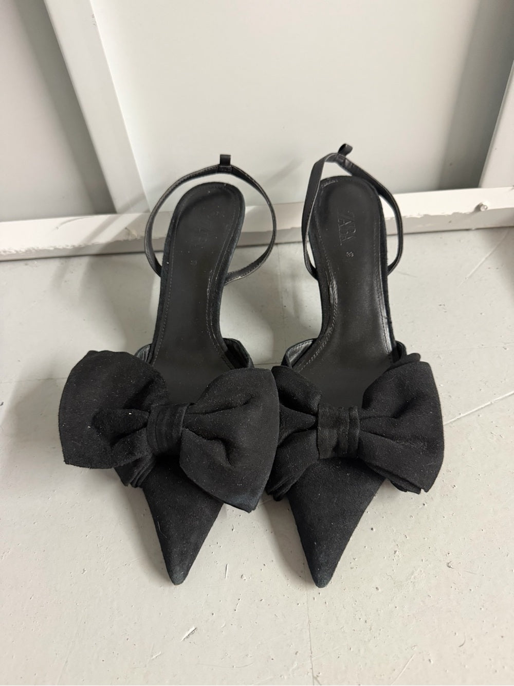 Zara Black Suede-Style Slingback Pumps with Bow Detail - Size 39 - Studio Edition