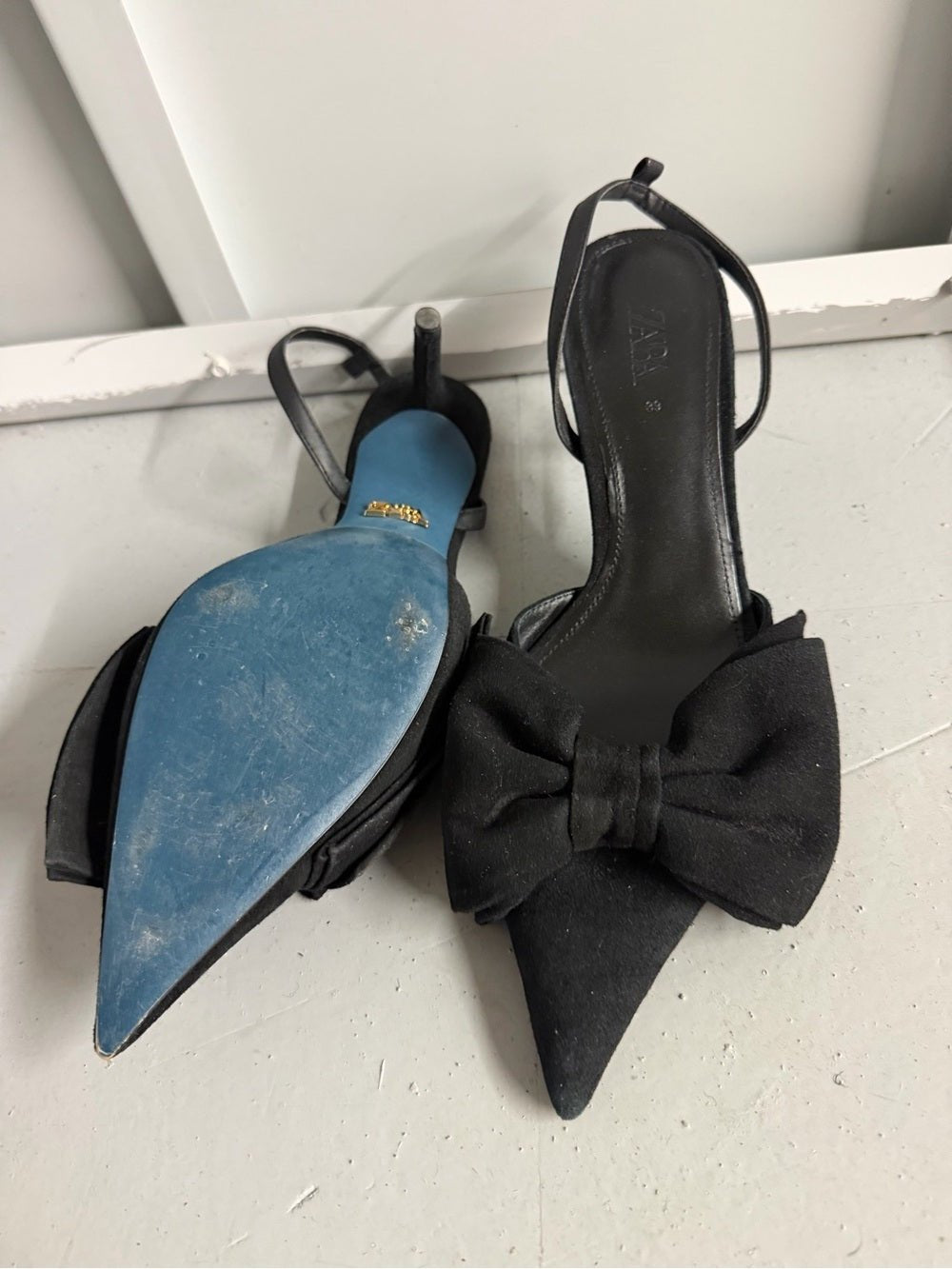 Zara Black Suede-Style Slingback Pumps with Bow Detail - Size 39 - Studio Edition
