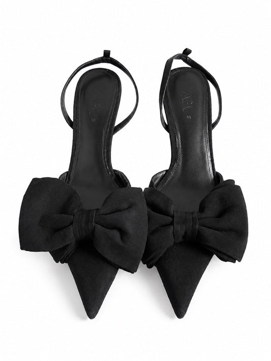Zara Black Suede-Style Slingback Pumps with Bow Detail - Size 39 - Studio Edition
