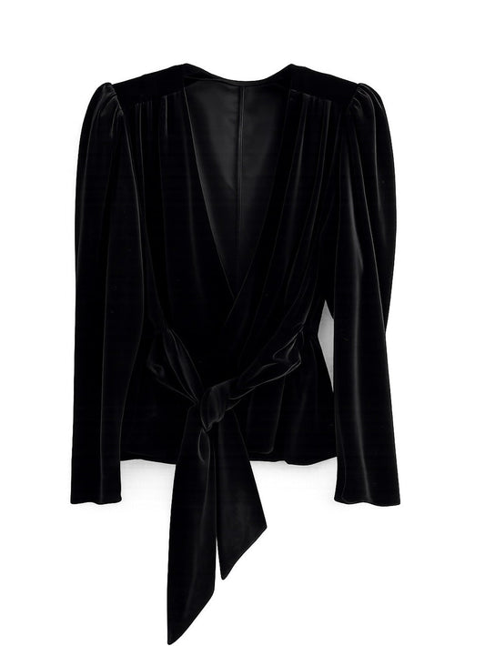 Zara Black Velvet Puff Shoulder Plunge Multi Way Wrap Top L - Studio Edition