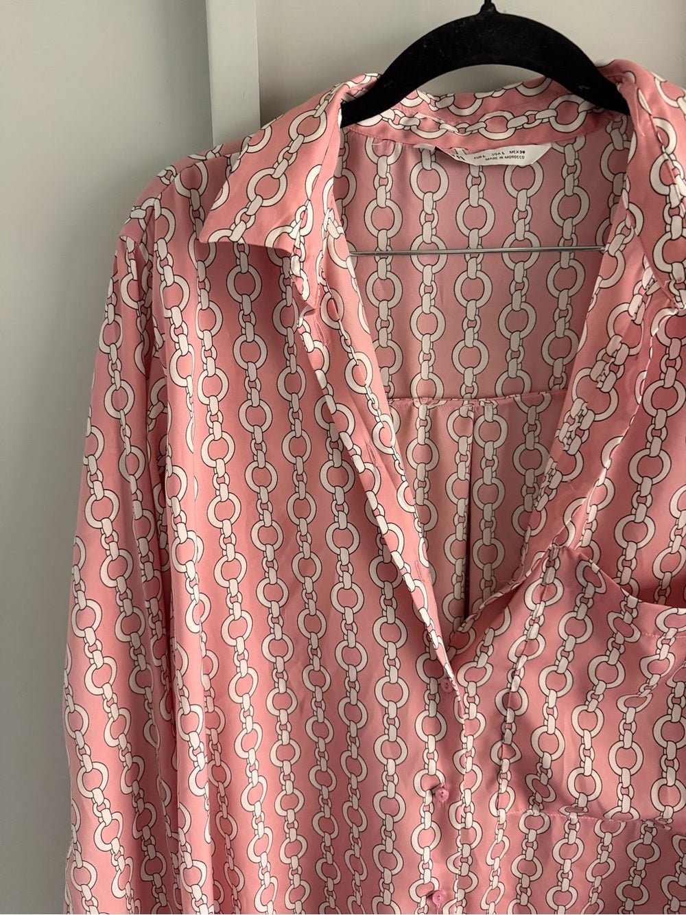Zara Pink Geometric Chain Link Oversized Satin Blouse L - Studio Edition