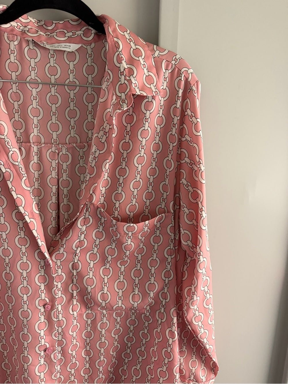 Zara Pink Geometric Chain Link Oversized Satin Blouse L - Studio Edition