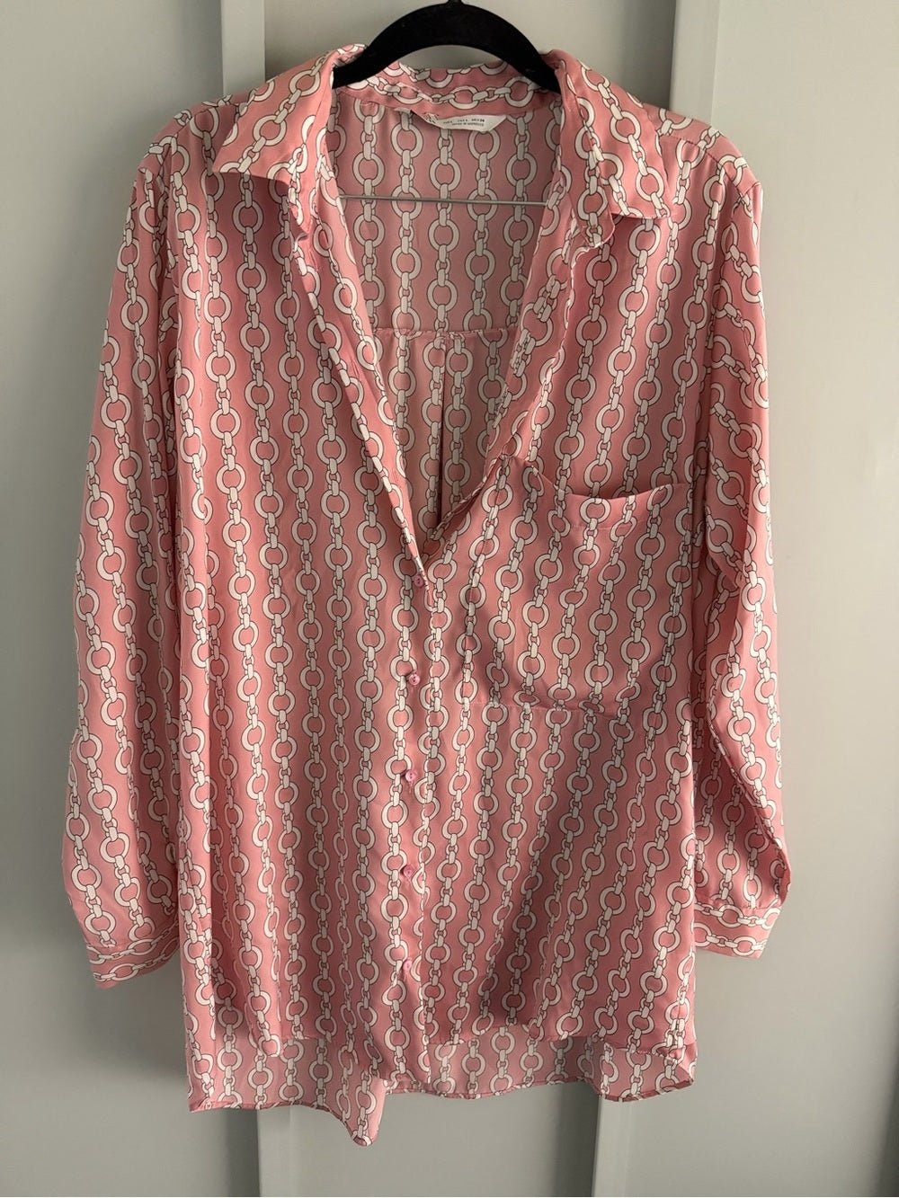 Zara Pink Geometric Chain Link Oversized Satin Blouse L - Studio Edition