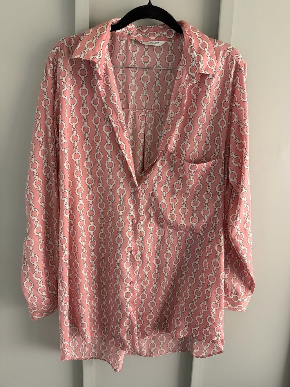Zara Pink Geometric Chain Link Oversized Satin Blouse L - Studio Edition