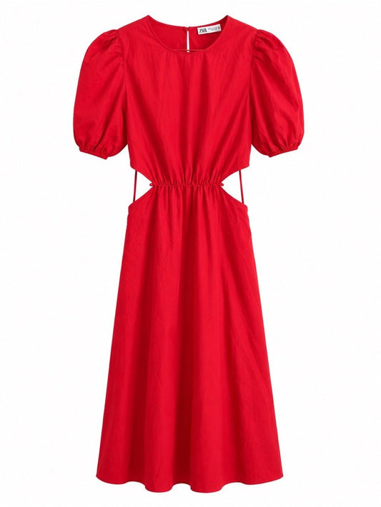 Zara Red Cutout Puff Sleeve Cotton Dress Size M - Studio Edition